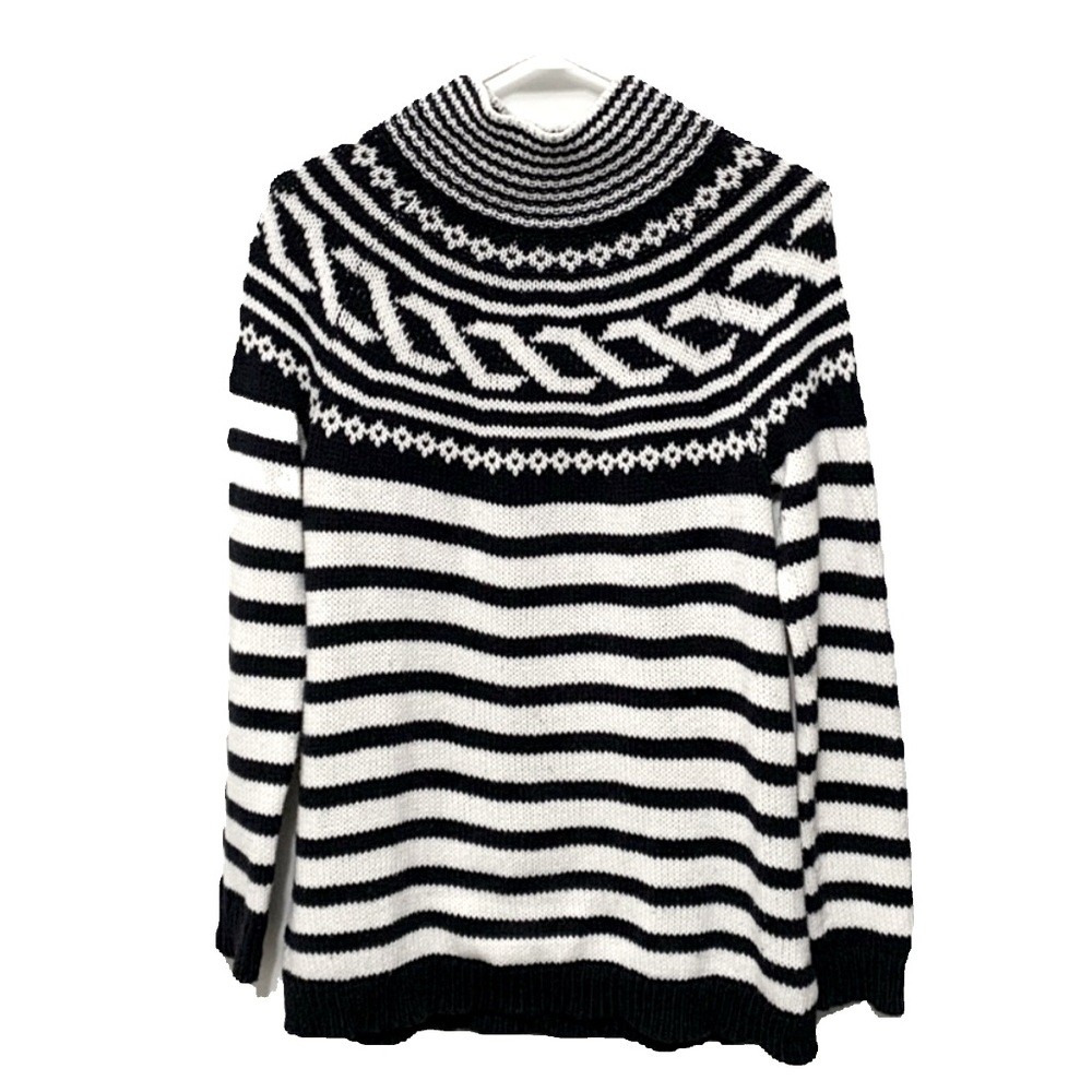 Talbots Fair Isle Navy/White Striped Mock Neck Sweater Petite M